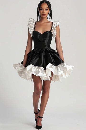 Black A Line Satin Ruffled Short Cocktail Dress